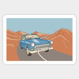 Blue car on the highway in the desert and mountains. Sticker